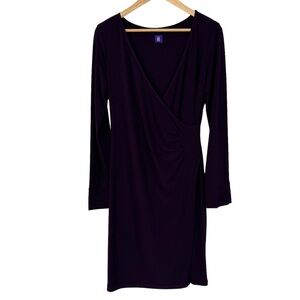 Long Sleeve Wrap Cocktail Dress Womens L Dark Purple Stretch Defined Waist EUC!